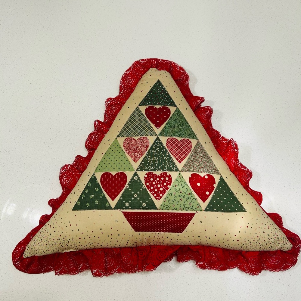 Hand made vintage Christmas tree pillow with red and green accents
